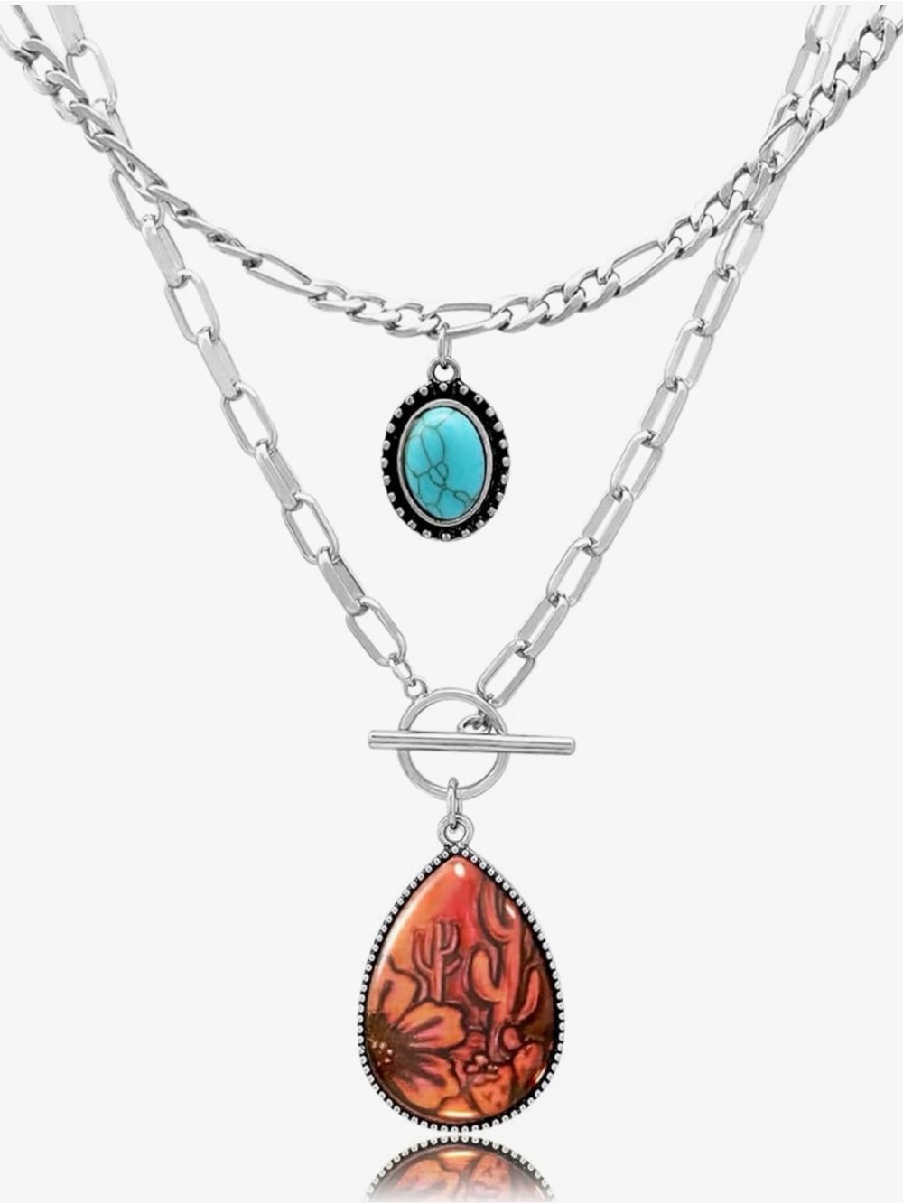 Boho Double-Layer Pendant Necklace with Turquoise and Orange Teardrop - Picture 2 of 2